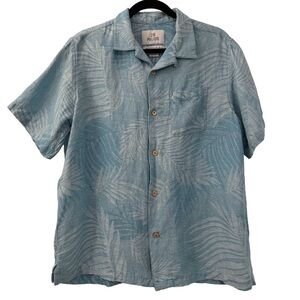 28 Palms Blue Tropical Print Short Sleeve Button-Up Shirt Silk Linen, Size M